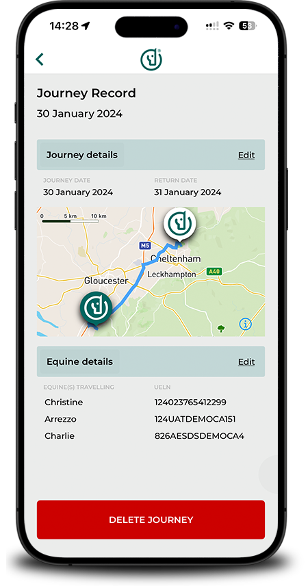 Journey recorded on Digital Stable App
